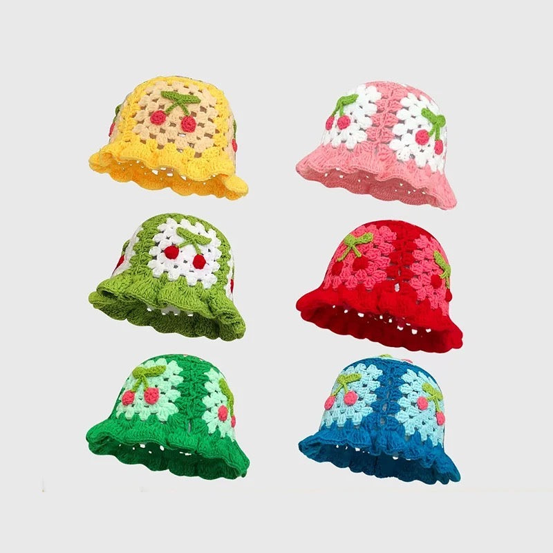 Cherry Granny Square Bucket Hat